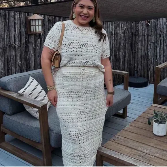 UT XLβCream Openwork Midi Sweater Crochet Knit Scalloped Drawstring Skirt - Picture 5 of 16